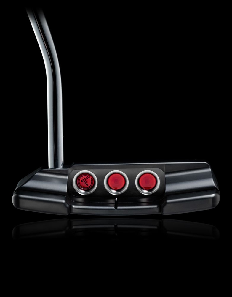 Scotty Cameron Select Newport 2 NB Tour Black 퍼터의 후면, 붉은 색 서클 T 웨이트와 MILLED USA 디자인이 특징적인 투어 전용 백뷰