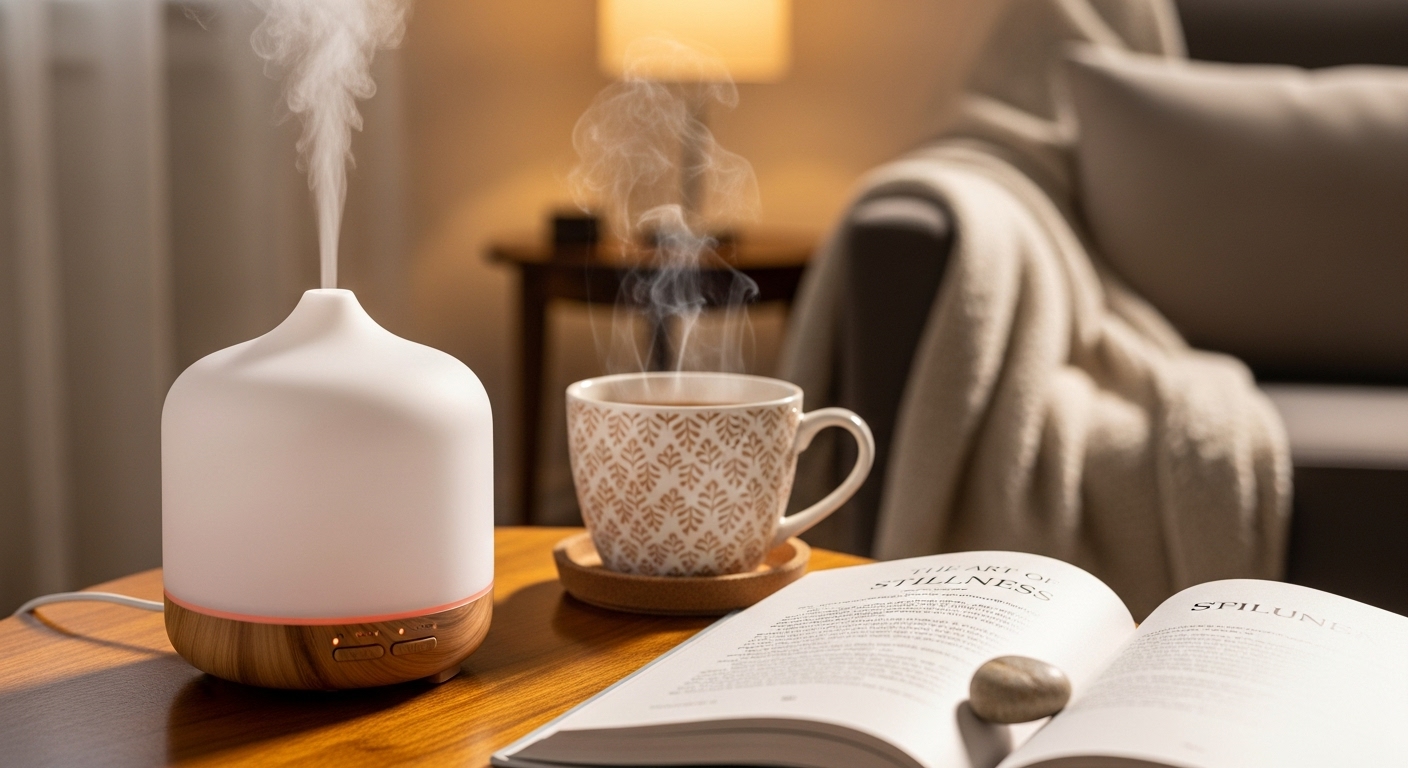 지친 수험생활 후 휴식을 상징하는 아로마 디퓨저와 따뜻한 차가 놓인 아늑한 공간. 편안함과 힐링을 주는 선물 아이디어.