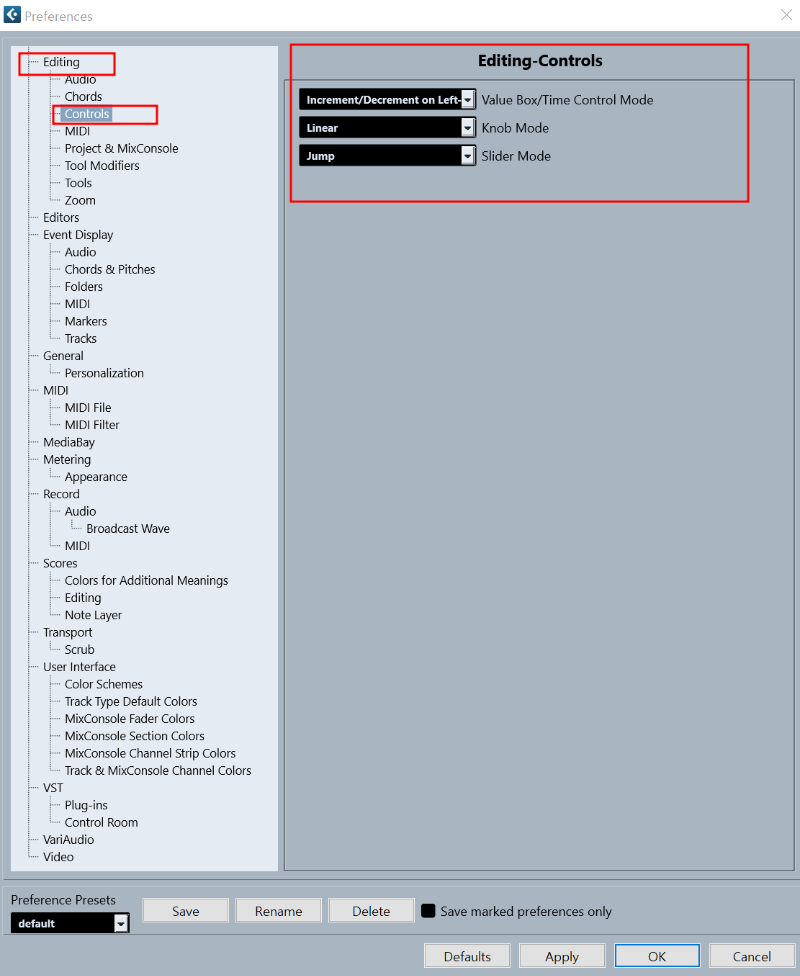 Cubase, 큐베이스 13 환경설정(2), Preferences - Editing Controls