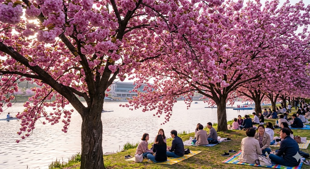 ▲ 시원한 호수 뷰와 화려한 겹벚꽃 가로수가 장관인 미사경정공원 (AI 생성)