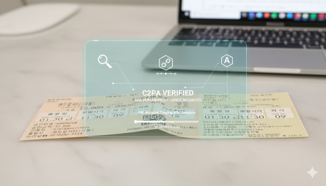 태이블에 노트북이 있고 테이블에 놓인 버스 티켓 위로 C2PA VERIFIED 인증 마크와 디지털 워터마크 기술 요소를 투사한 미래 지향적 그래픽
