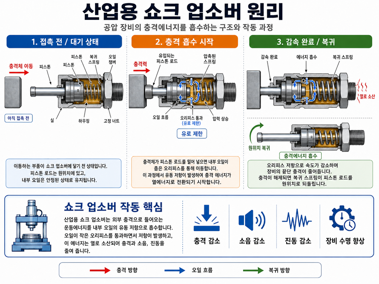 산업용 쇼크 업소버 원리|공압 장비의 충격에너지를 흡수하는 구조와 작동 과정