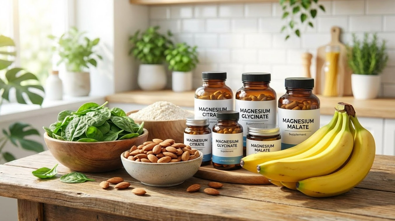 다양한 종류의 마그네슘 영양제 병과 함께 놓인 시금치, 아몬드, 바나나 등 마그네슘이 풍부한 식품들