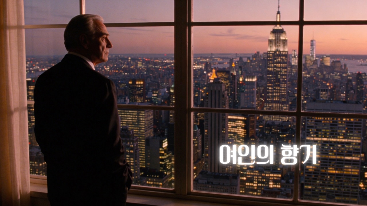 영화 여인의 향기 (1992) 리뷰 썸네일, 어두운 정장을 입은 노신사가 뉴욕의 야경이 내려다 보이는 창가에서 고독하게 서 있는 신비롭고 묵직한 분위기의 이미지