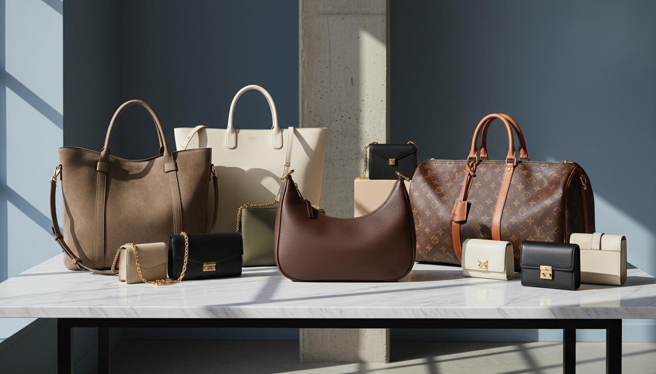 2026년 유행하는 명품 가방 컬렉션: 르메르 크루아상, 루이비통 캐리올, 더 로우 마고백이 대리석 테이블 위에 진열된 모습