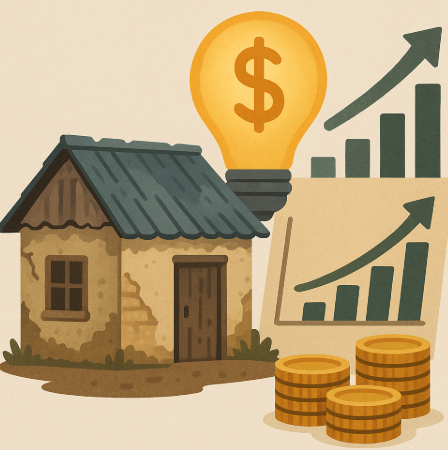 "농촌 빈집 활용 수익화를 표현한 일러스트, 낡은 시골 집과 빛나는 전구, 상승하는 그래프와 동전 더미가 함께 배치된 디자인"