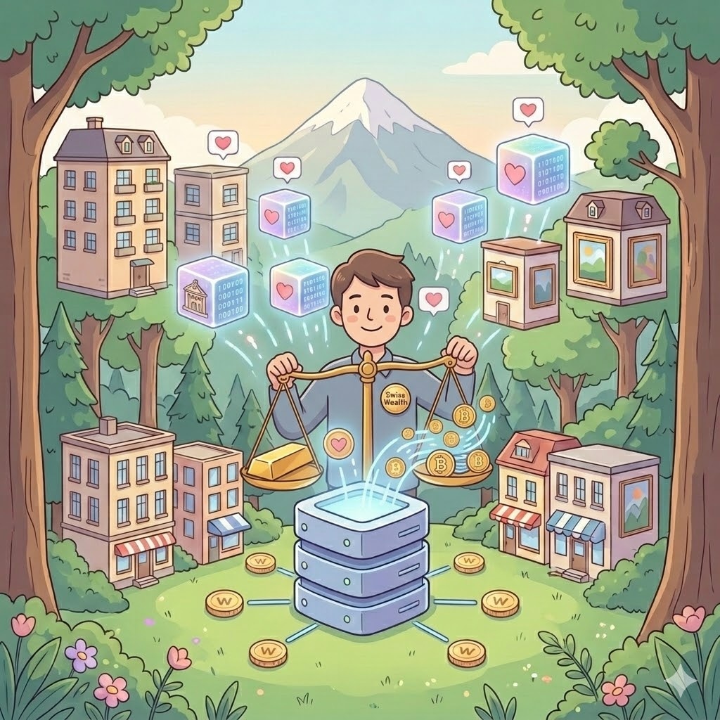 실물 자산과 디지털 자산이 디지털 저울 위에서 조화롭게 균형을 이루며, '잠자는 돈'을 깨우는 새로운 시대의 자산 배분 전략을 시각화한 포근한 애니메이션 이미지.