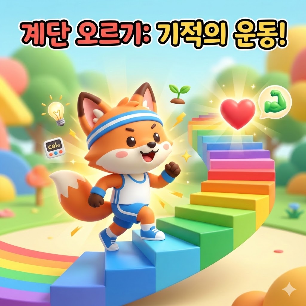 활기찬 3D 카툰 스타일 캐릭터가 밝은 계단을 오르며 건강해지는 모습. 심장, 근육 아이콘, '계단 오르기: 기적의 운동!' 문구가 강조된 이미지.