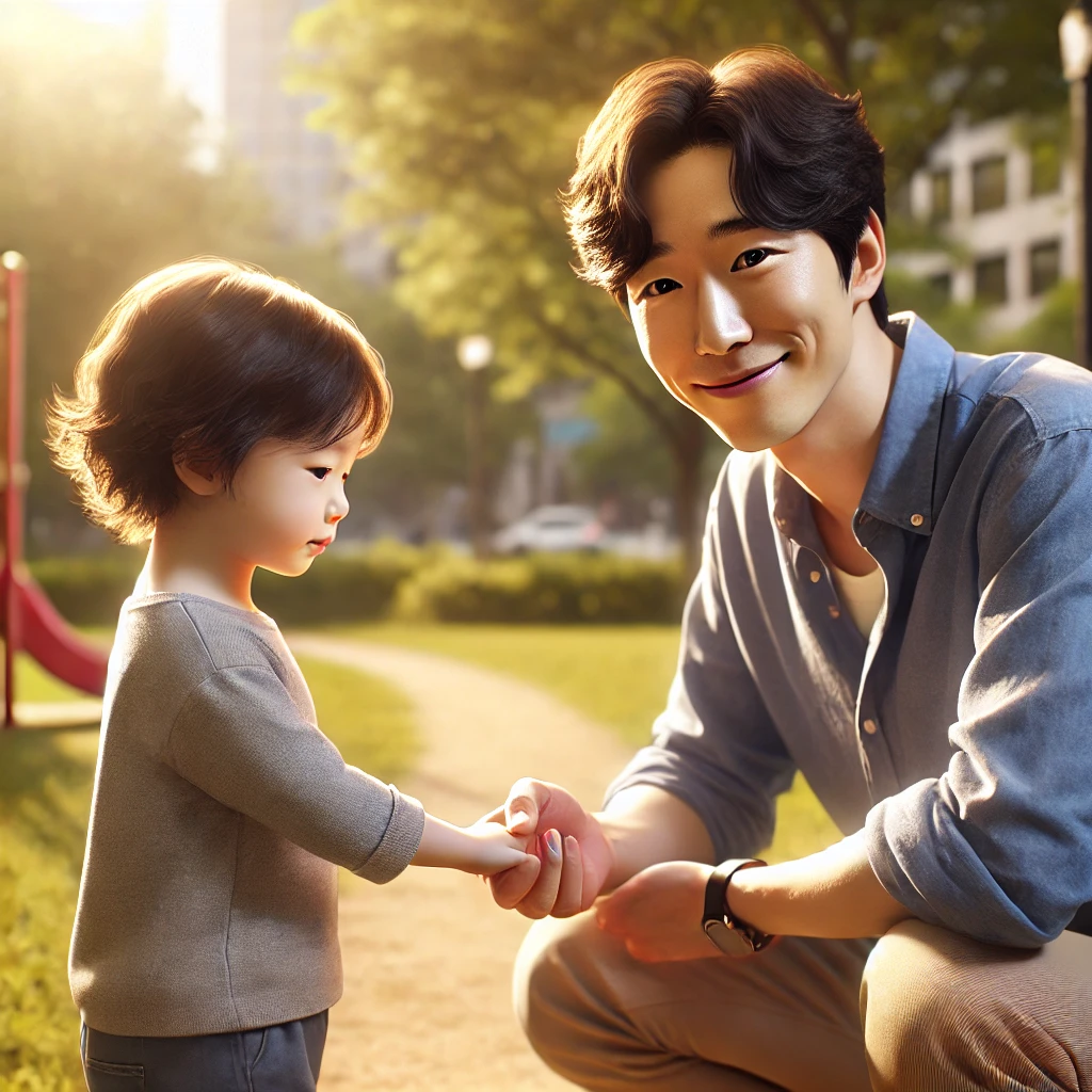 부모가 햇살 가득한 공원에서 새로운 활동에 도전하는 아이의 손을 잡고 격려하는 장면. 부모의 지지와 아이의 도전하는 모습이 돋보임