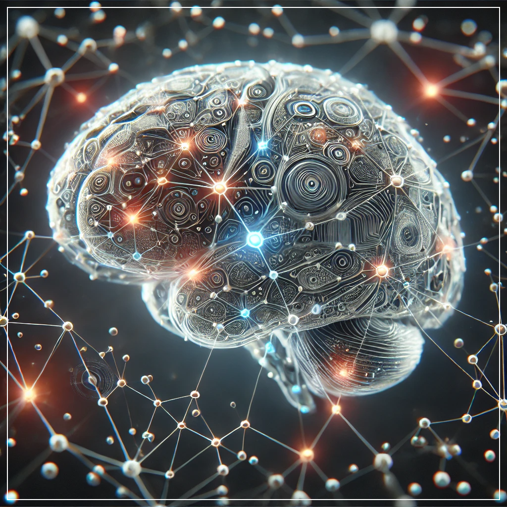 AI의 학습 과정과 데이터를 처리하는 연결된 노드와 경로를 시각화한 이미지