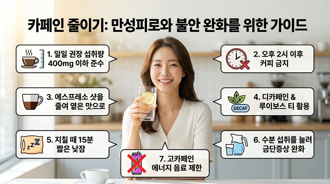 만성피로와 불안 완화를 위한 카페인 줄이기 요약 이미지