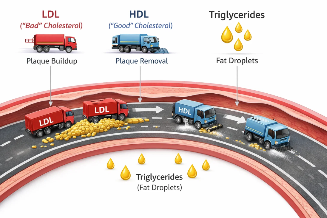 LDL은 축적되고 HDL은 제거되는 콜레스테롤 이동 과정과 중성지방을 트럭으로 표현한 혈관 구조 인포그래픽