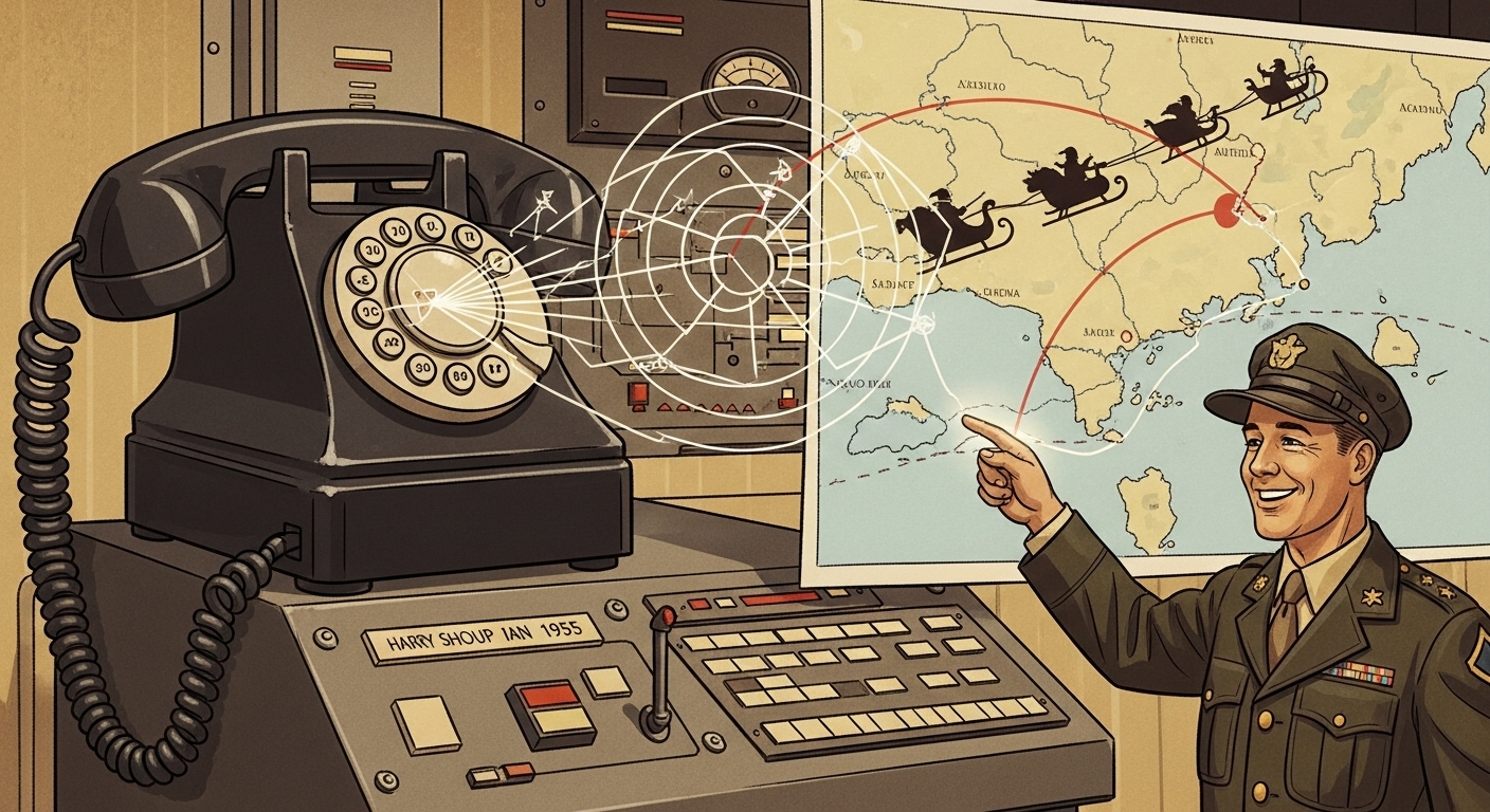 1955년 NORAD 산타 추적 서비스의 시작을 알리는, 빈티지 전화와 지도가 있는 레트로-퓨처리즘 일러스트.