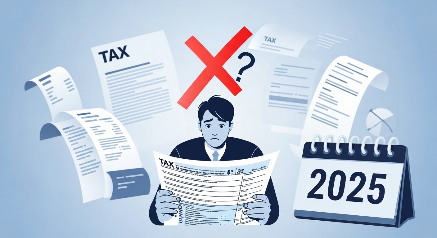 연말정산 기부금 공제 시 발생할 수 있는 실수와 어려움을 상징하는 이미지. 복잡한 서류 앞에서 고민하는 사람의 모습과 경고 표시가 나타나 있습니다.