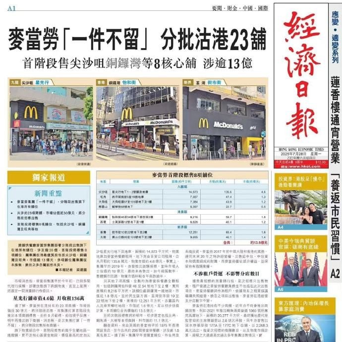 홍콩 경제일보는 7월28일 1면 톱기사로 맥도날드가 홍콩 내 보유 점포를 전량 매각한다고 보도했다.