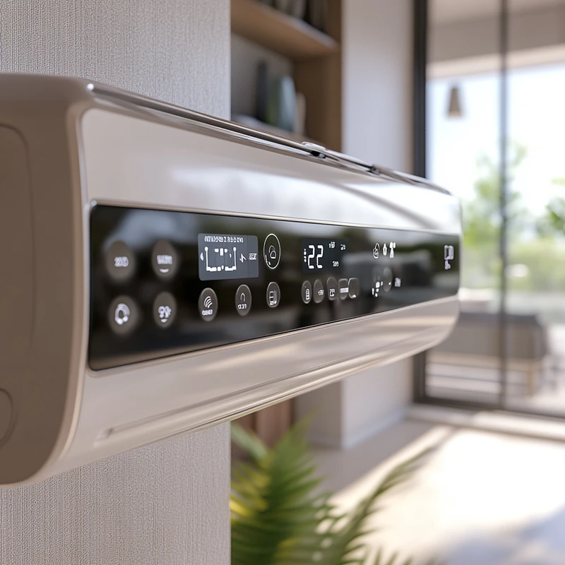 최신 AI 스마트 모드를 보여주는 에어컨 제어 패널의 클로즈업. 직관적인 디자인과 함께 현대적인 가정에서 편리함과 효율성을 제공합니다.