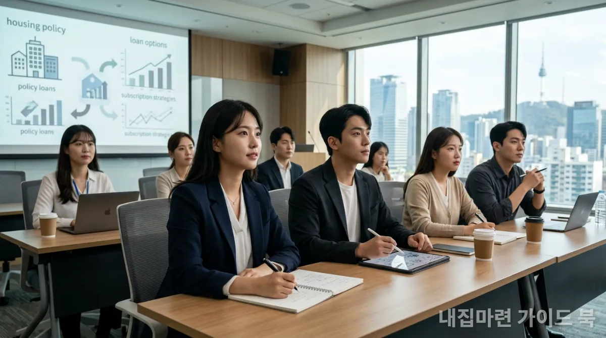 한국 청년들이 정책 대출과 청약 전략 세미나에 참석하여 경청하는 모습