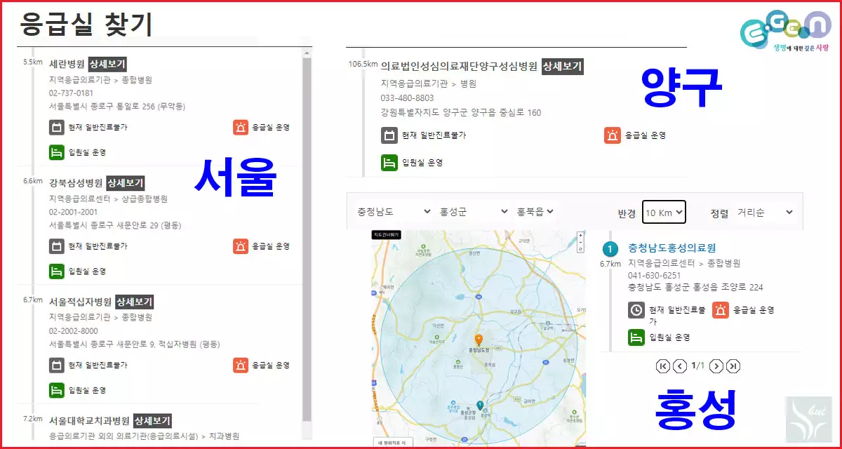 서울과 지방의 응급실 검색결과