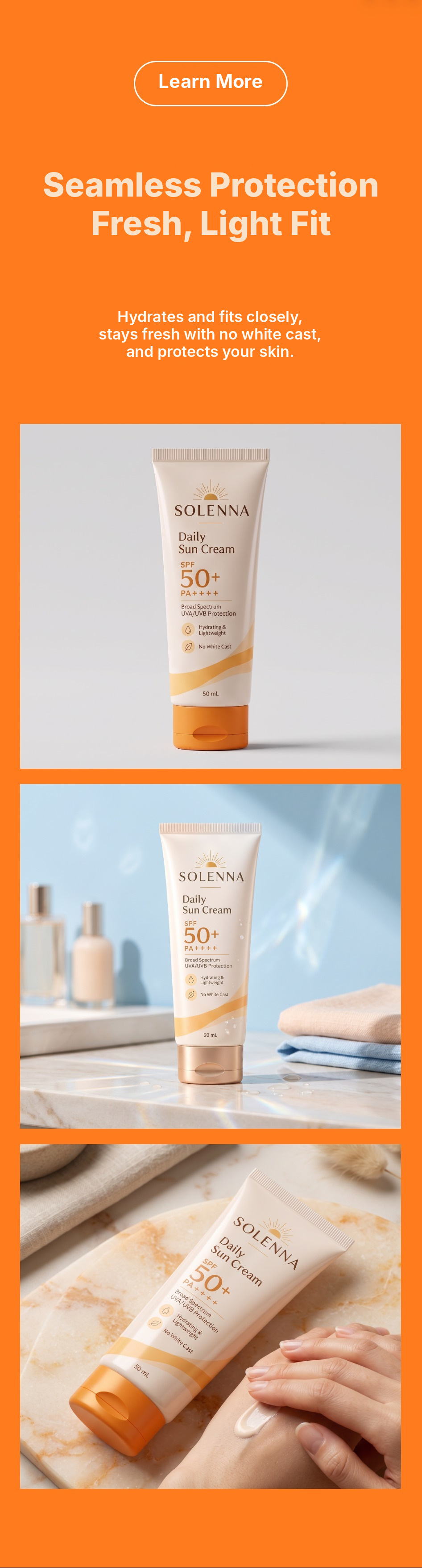 Sunscreen detail page created with Draph Art - seamless protection and fresh fit section with product images