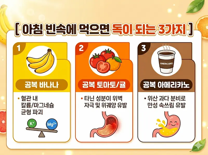 아침 빈 속에 먹으면 안 되는 음식(바나나, 토마토, 커피)