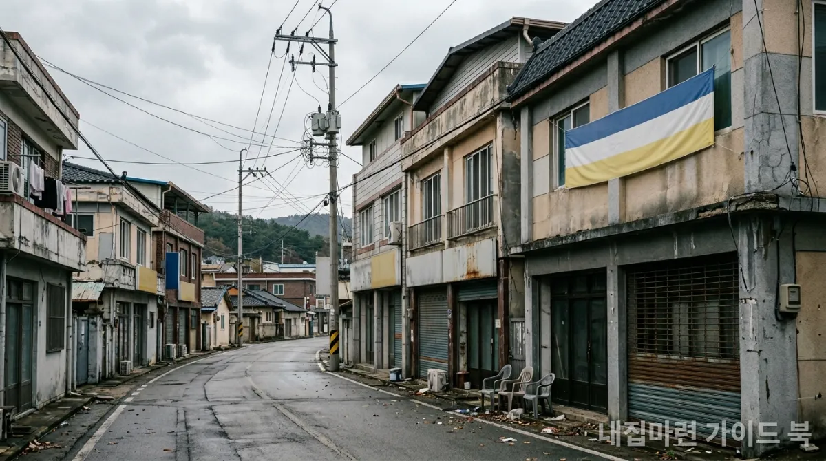 지방 부동산 시장의 침체를 보여주는 한적한 지방 도시 거리와 '매매' 간판