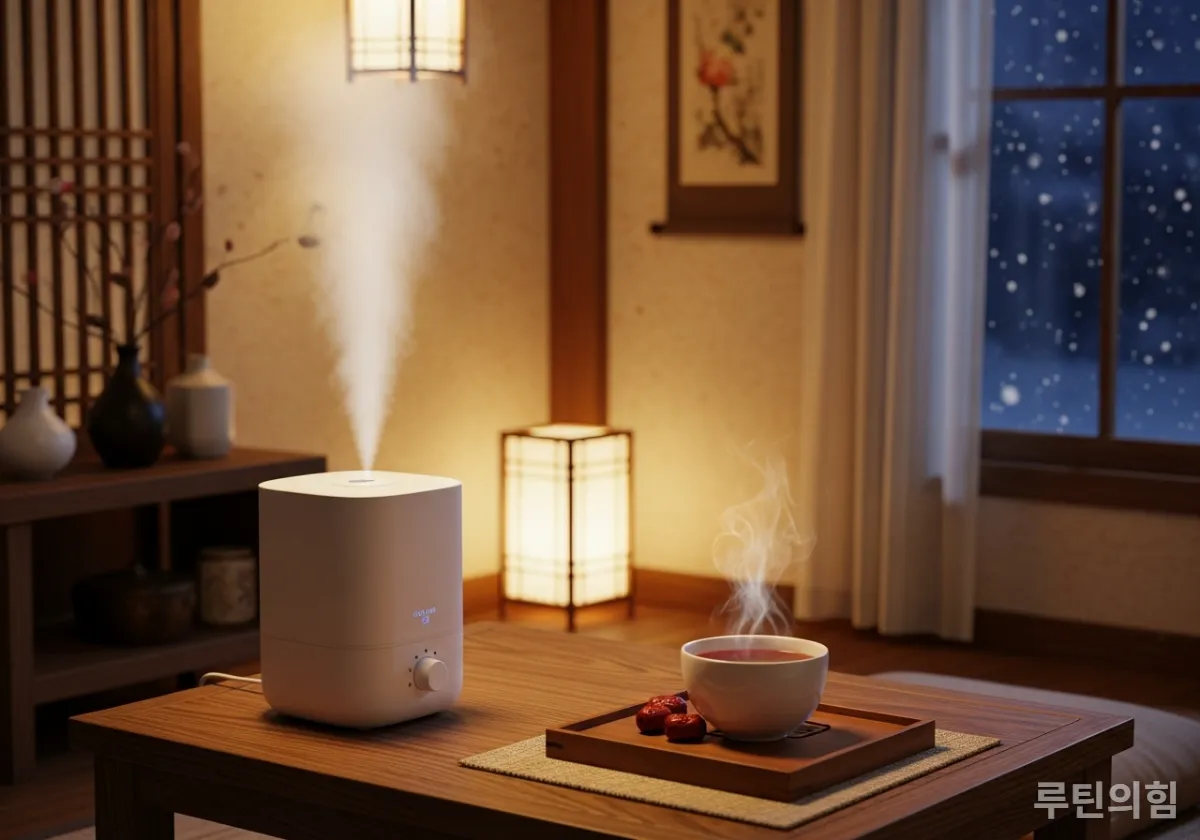 가습기와 따뜻한 차가 준비된 겨울철 저녁의 아늑한 실내 풍경