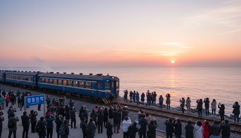 강릉 정동진역 해변의 이른 아침 일출 대기 풍경