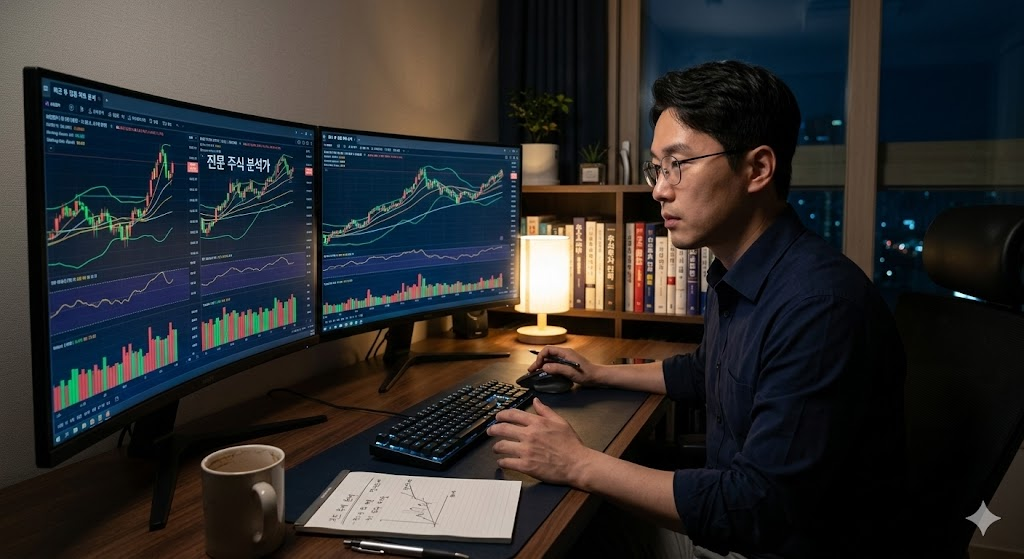 퇴근 후 차분하고 전문적으로 차트를 분석하는 분석가 스타일의 이미지