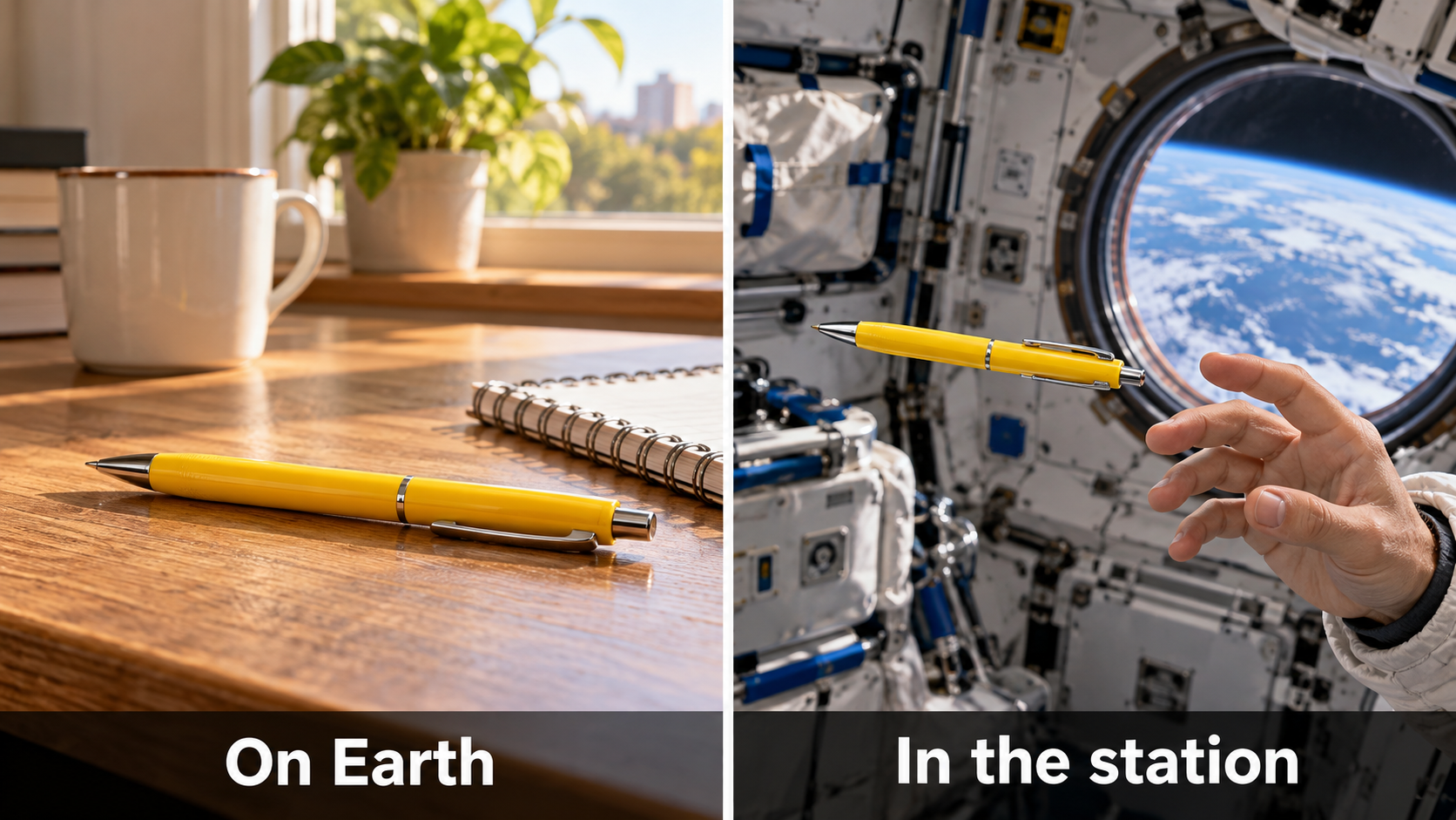 A pen on an Earth-bound desk compared with a pen floating beside an astronaut