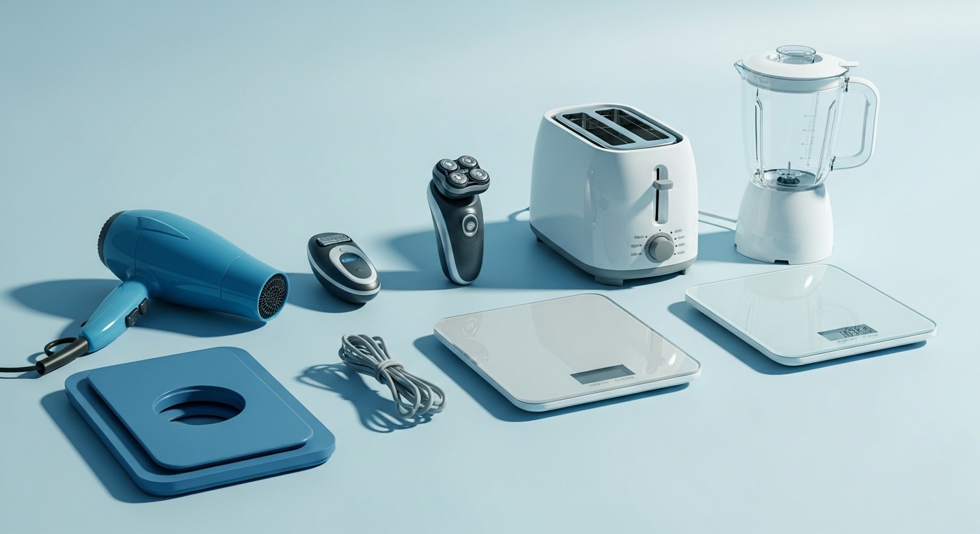 헤어드라이기, 토스터기, 전기면도기 등 다양한 소형가전제품이 깨끗하게 정돈되어 폐기 대기 중인 모습. 친환경적인 폐기 방법을 암시하는 이미지.
