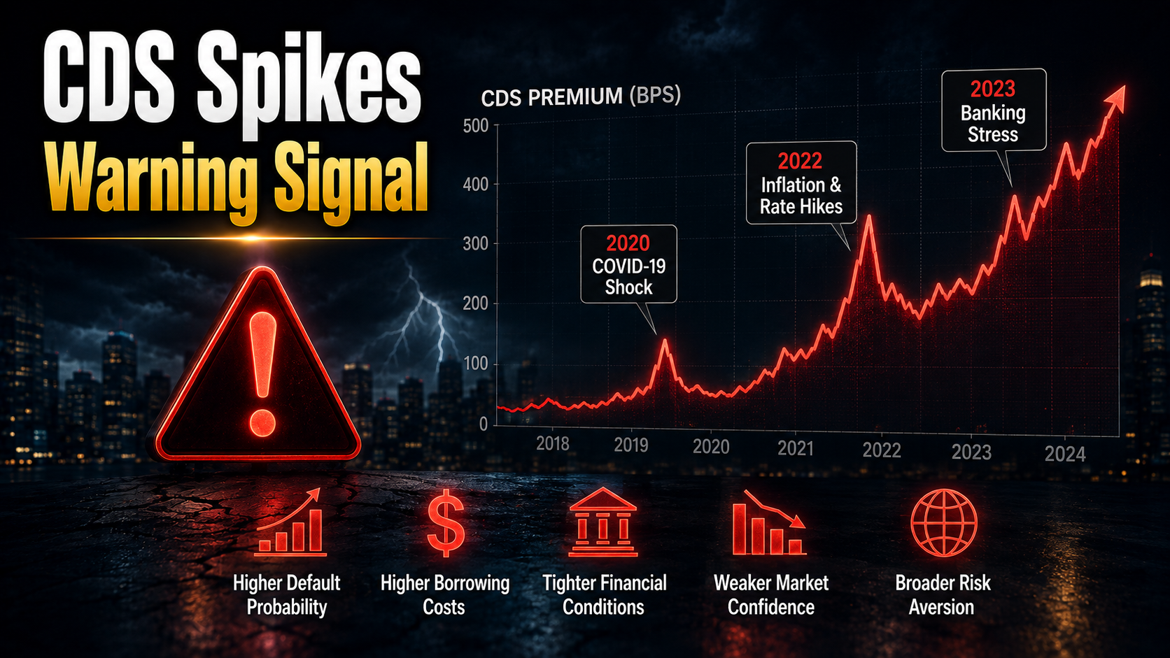 Rising CDS premiums indicating increasing credit risk, market stress, and growing investor risk aversion.
