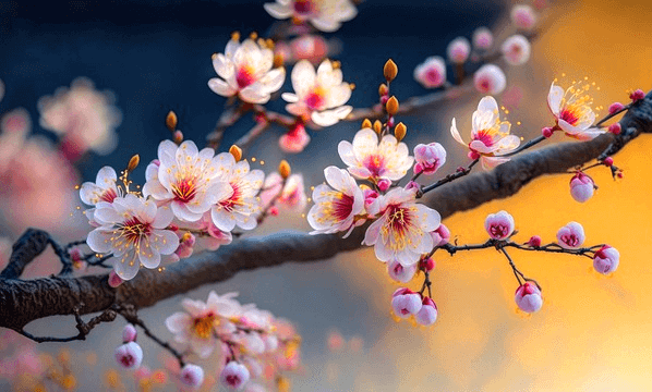 나뭇가지에 작고 예쁜 연분홍빛 벚꽃들이 가득 피어있다.