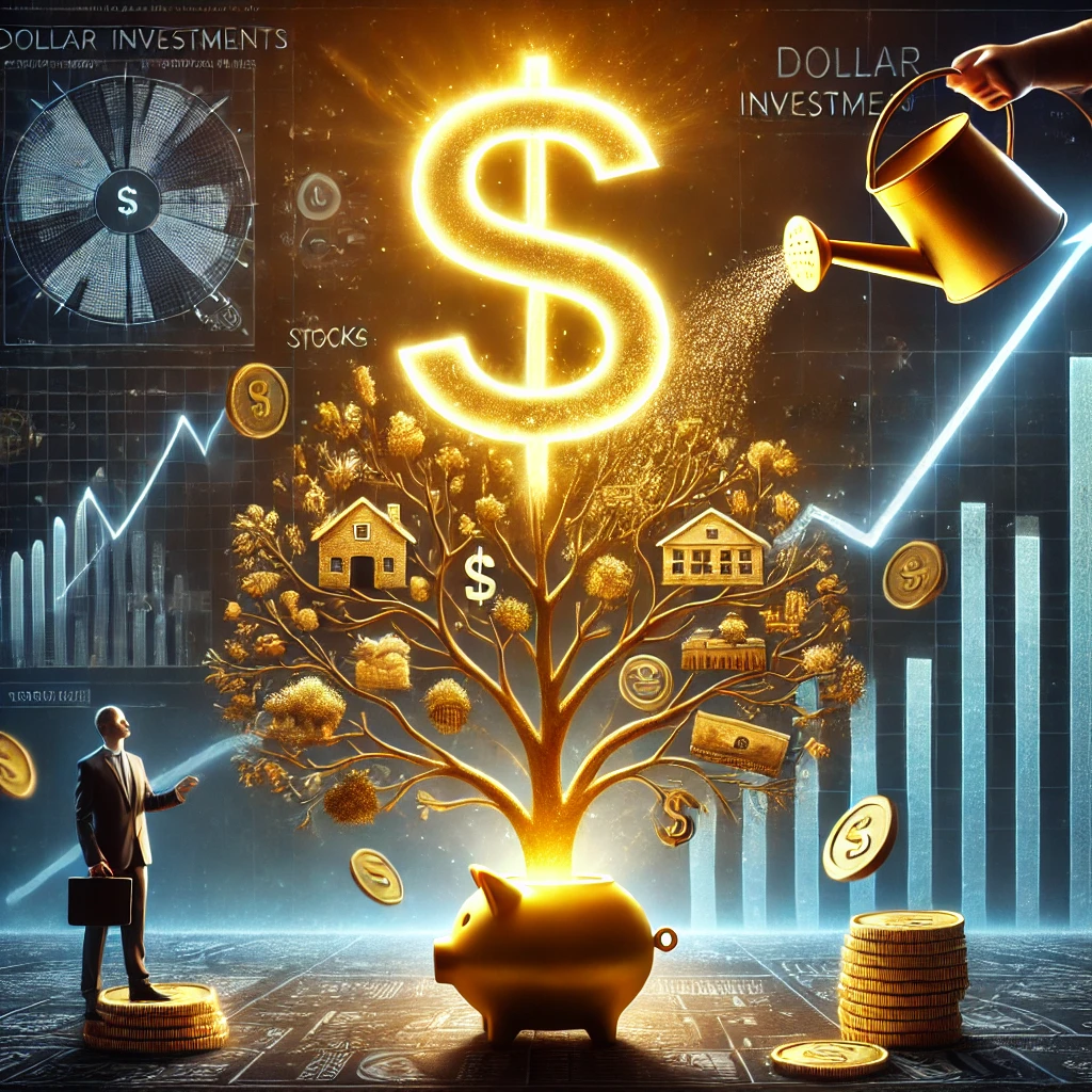 빛나는 달러 기호가 나무처럼 자라며, 그 가지에는 주식, 부동산, 금과 같은 자산이 달려 있습니다. 정장을 입은 투자자들이 자금을 뿌리며 나무에 물을 주고 있으며, 황금 빛 동전이 열매처럼 떨어지고 있습니다.