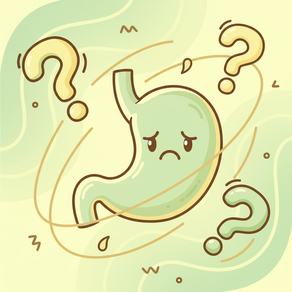 잦은 설사와 불편함을 상징하는 물음표가 있는 위장 아이콘 그림.