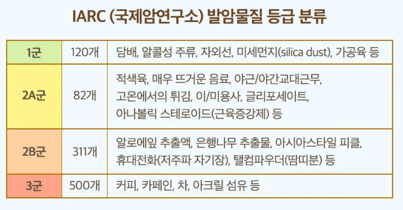 발암물질 등급 분류표