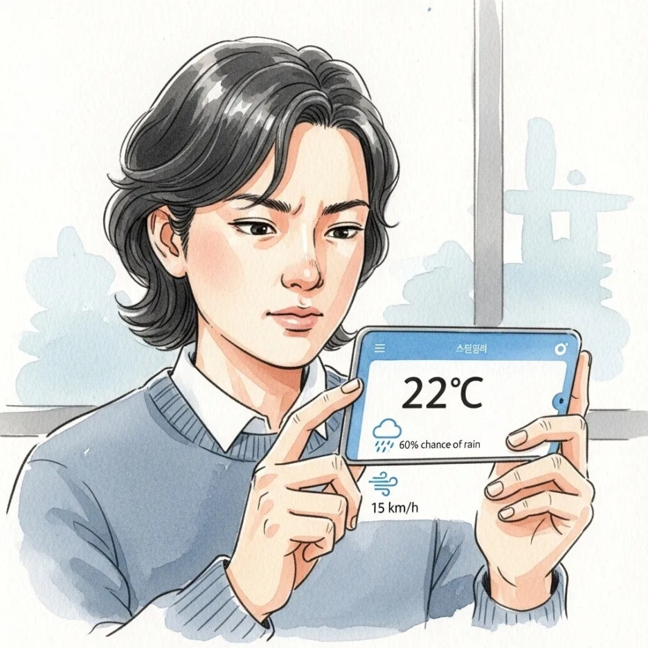 스마트폰으로 날씨 앱을 확인하며 옷차림을 결정하는 모습.