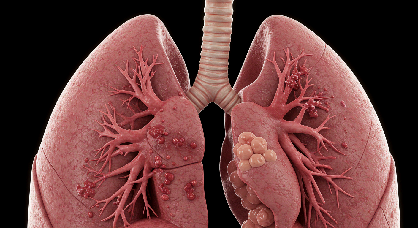 폐 조직에 붉은 염증 반점과 세포 덩어리가 나타나 폐렴과 같은 세균 감염을 보여주며, 항생제 치료의 필요성을 직관적으로 설명하는 이미지
