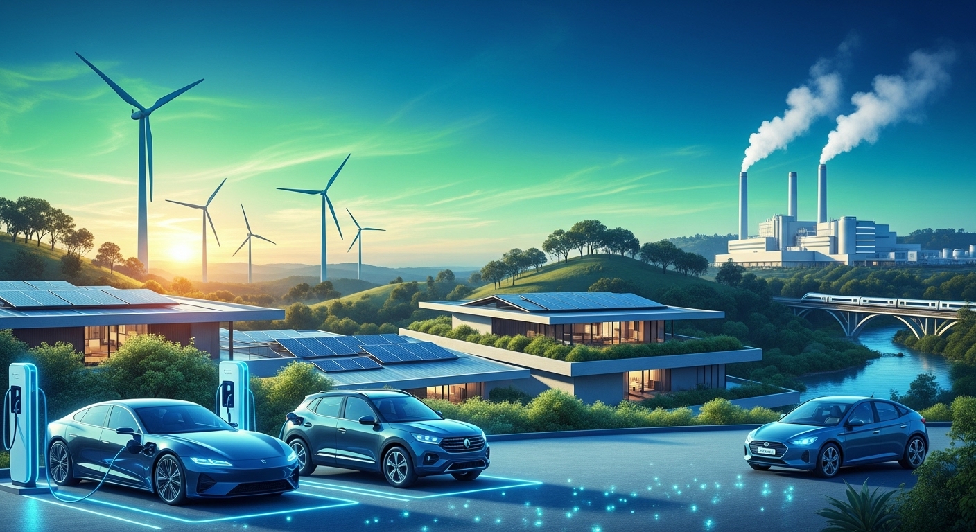 전기차 충전소, 풍력 터빈, 태양광 패널이 어우러진 깨끗하고 미래 지향적인 그린 경제 풍경, 지속가능성과 혁신을 강조합니다.