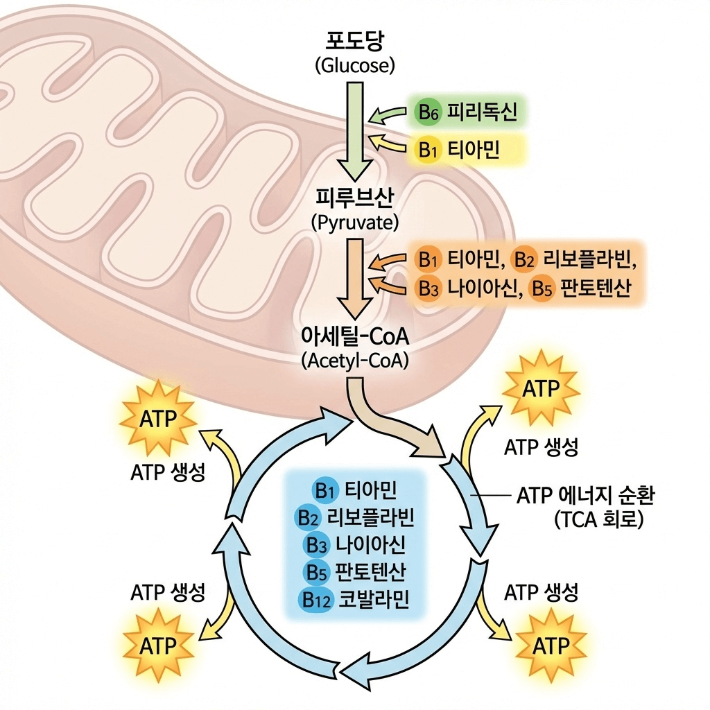 비타민B군의 세포 에너지 대사 역할 다이어그램