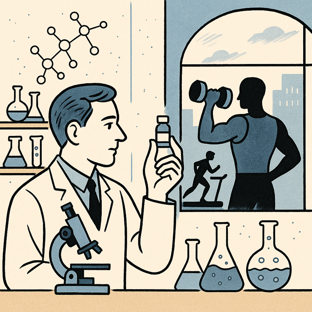 실험실 한쪽에서 연구원이 작은 약병(베타인)을 들고 있고, 반대편에는 헬스장에서 운동하는 남자