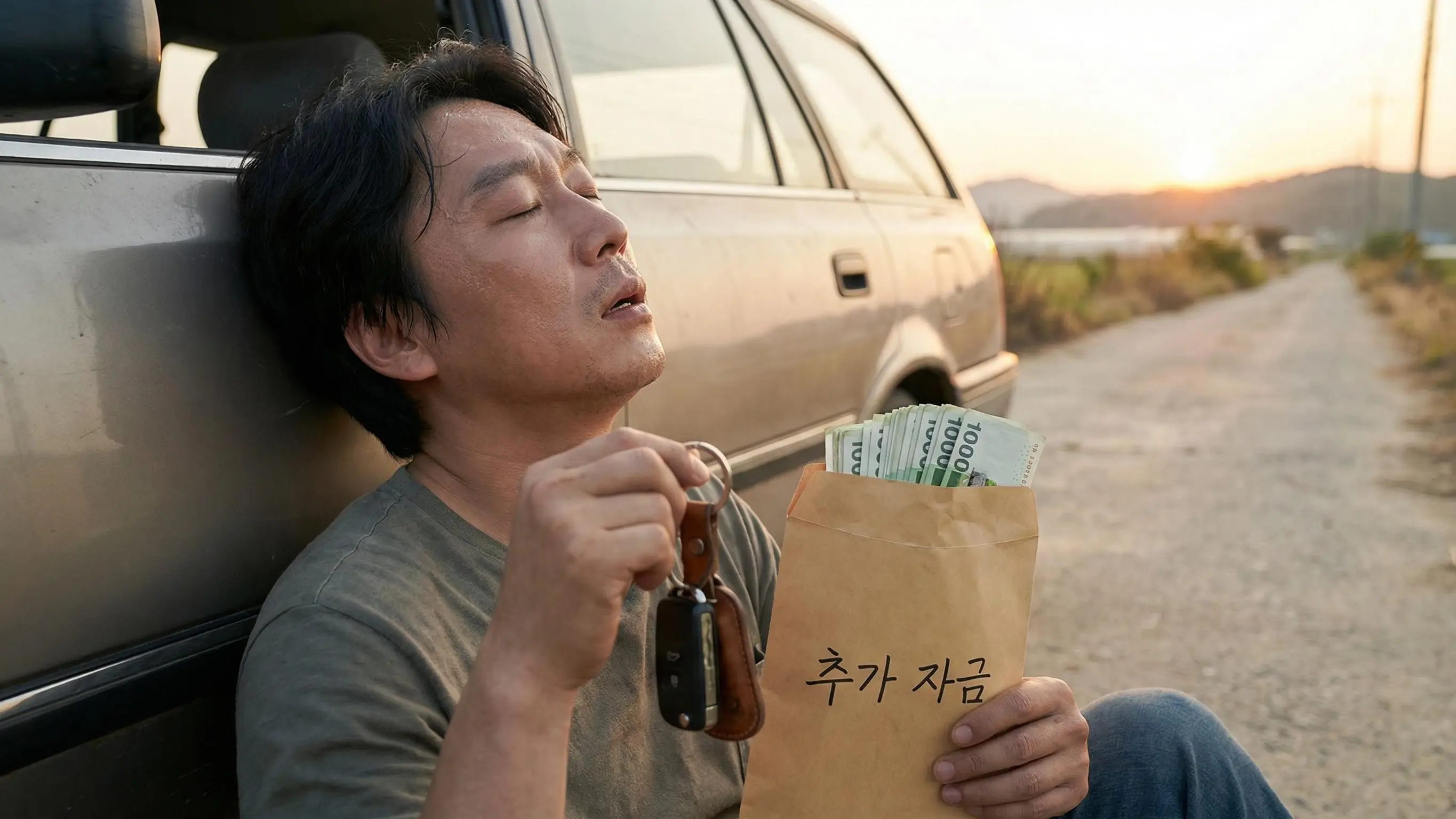 자동차 열쇠와 추가 자금이 든 봉투를 손에 쥐고 안도하는 사람의 모습