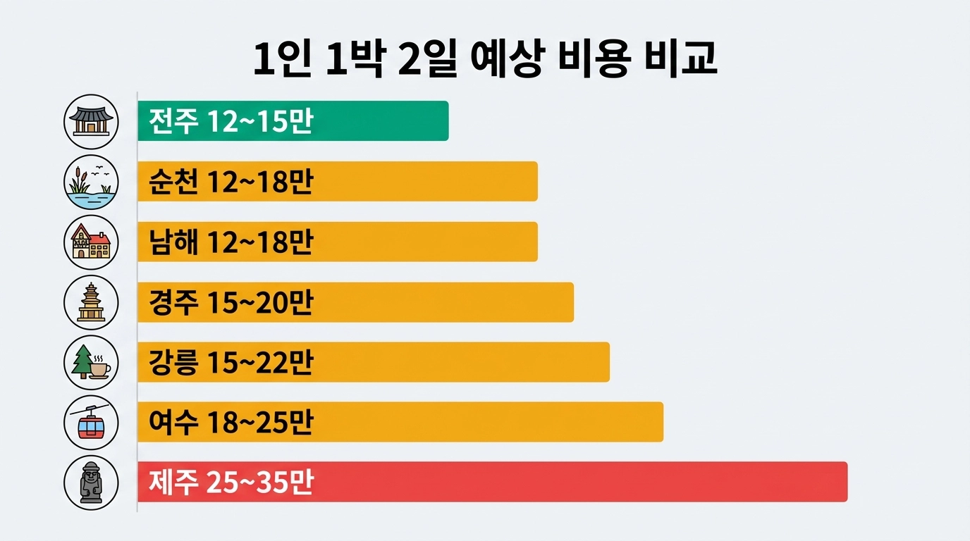 2026 5월 황금연휴 7곳 여행지별 1인 1박 2일 예상 비용 비교 인포그래픽