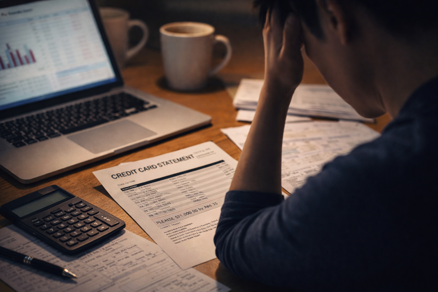 월말 카드 명세서를 보며 고민하는 책상 위 장면