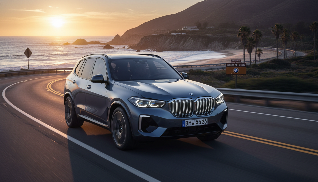 해안 도로를 달리는 파란색 빛의 2026 BMW X5 풀체인지 차량 외관 디자인