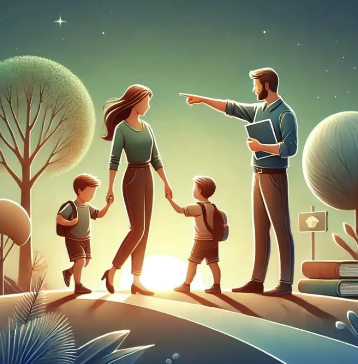 부모와 교사가 협력하여 아이들을 밝은 미래로 이끄는 상징적인 장면. 부모와 교사는 옆에 서서 밝은 길을 가리키고, 아이들은 손을 잡고 호기심 어린 모습으로 길을 따라 걷고 있다. 배경에는 자연과 책 등 교육을 상징하는 요소들이 조화롭게 어우러져 있으며, 밝은 하늘이 성장을 강조한다.