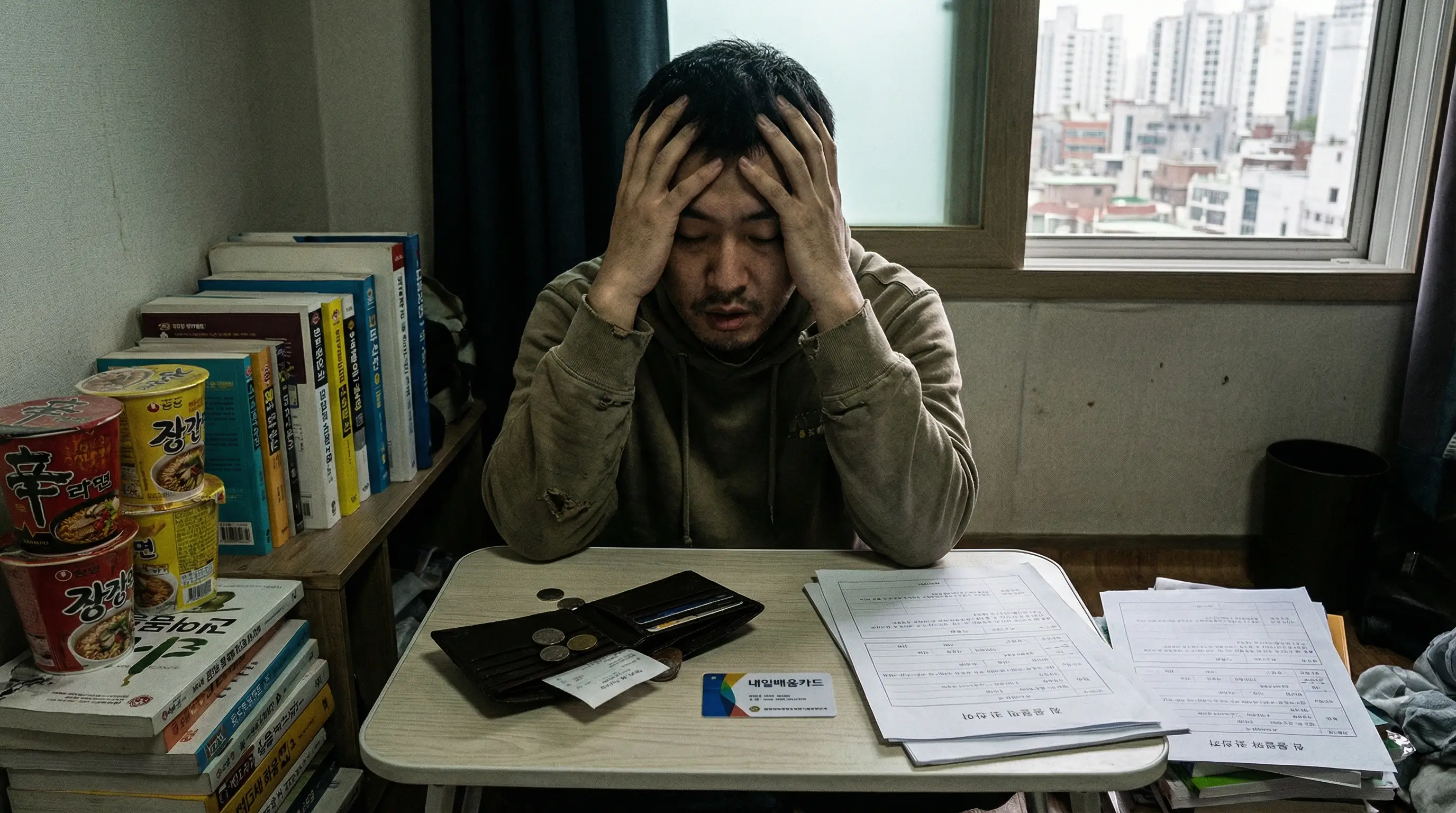 텅 빈 지갑과 내일배움카드를 보며 생활비 걱정에 한숨 쉬는 취업 준비생의 모습