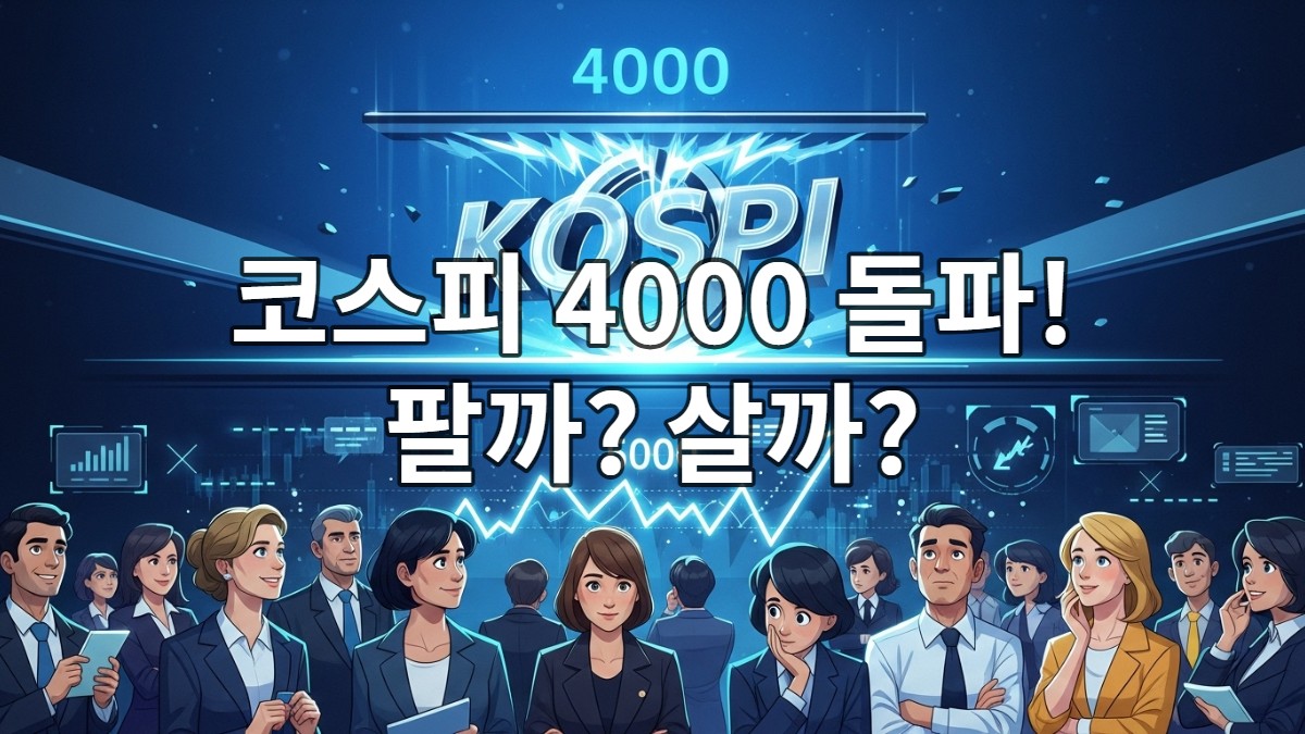 코스피 지수 4000을 돌파하는 모습과 이를 지켜보는 투자자들. 2025년 한국 주식 시장의 강세와 미래 5000포인트 도전에 대한 기대를 나타냅니다.
