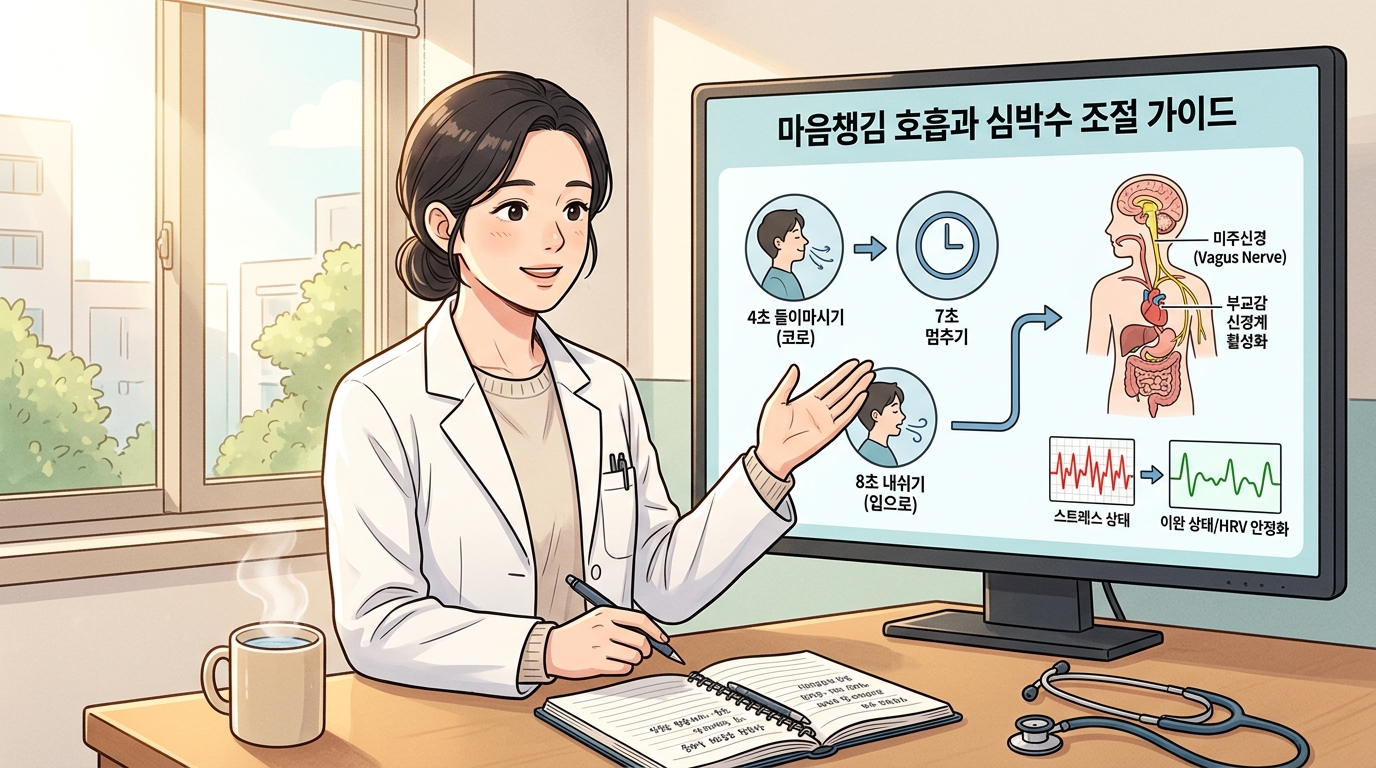밝고 차분한 대학병원 자율신경 클리닉 진료실에서 의사 선생님이 대형 디지털 모니터 인포그래픽 화면을 가리키며 만성 스트레스 호르몬이 심장 동방결절과 혈관에 미치는 부정적 영향을 설명하고, 미주신경을 활성화하는 심장 건강을 위한 '마음 챙김' 호흡법 및 교감신경을 진정시키는 심박수 제어 수칙을 환자에게 다정하게 가르쳐주는 2D 일러스트 이미지.
