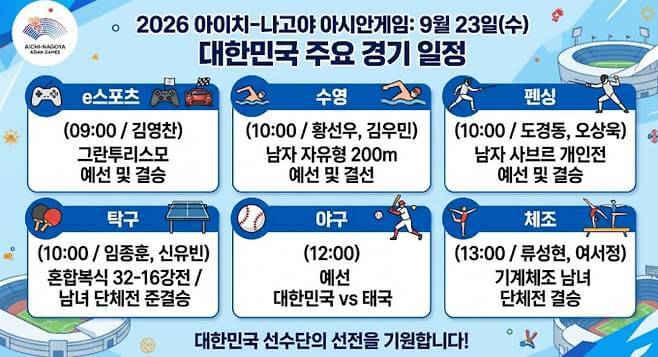 아시안게임 9월 23일 경기일정