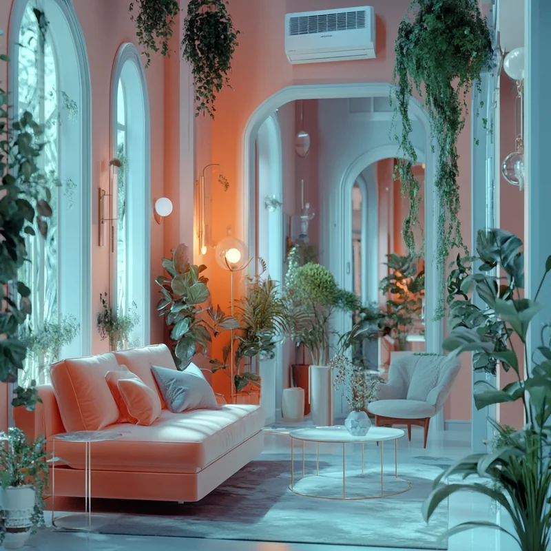 최적의 실내 공기 질을 제공하는 에어컨 시스템은 청결함과 에너지 절약에 중점을 두고 있습니다. 현대적 인테리어로 편안한 분위기를 연출합니다.